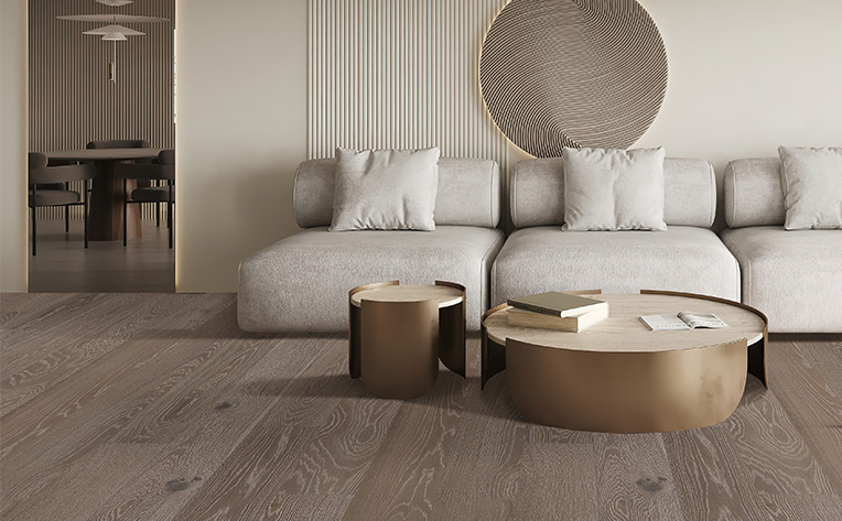 hardwood flooring transitioning to wood look flooring in living room